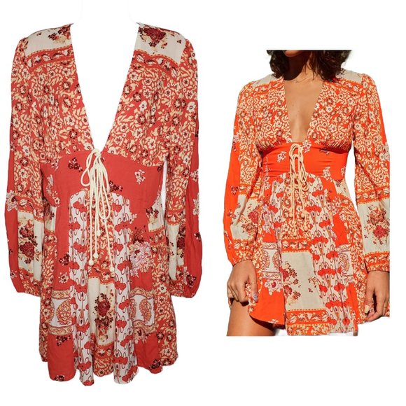 Free People Cream and Red Mini Dress with Lace-Up Detail - Picture 1 of 9